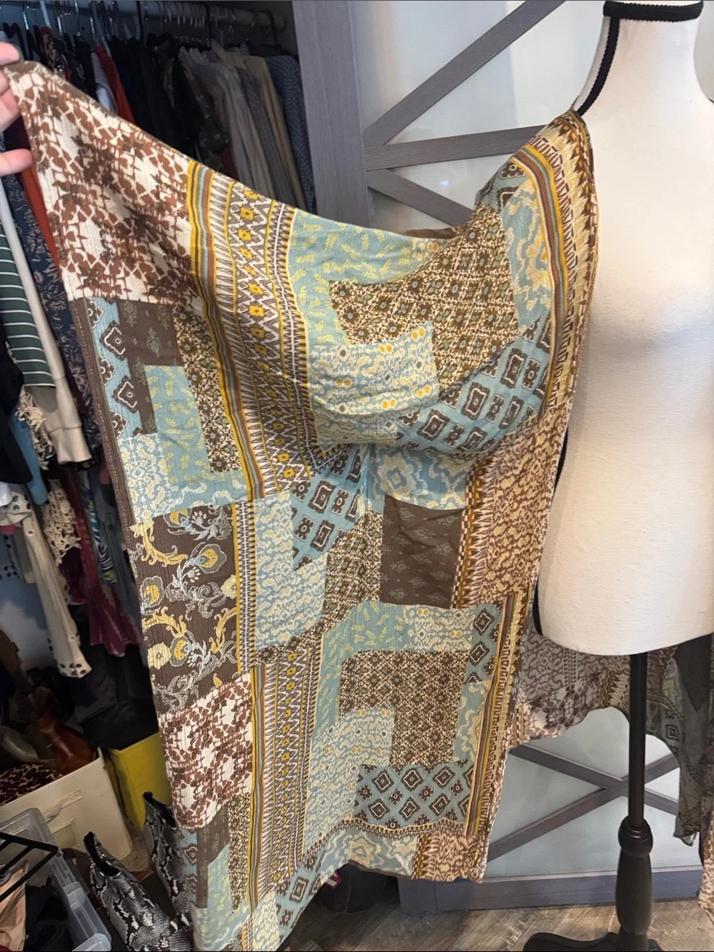 easel Boho Patchwork Kimono Wrap in Teal, Brown & Gold